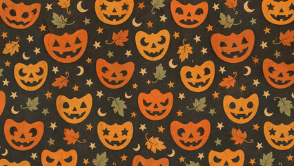 Fototapeta premium カボチャの顔と月と星の秋色ハロウィン反復パターン