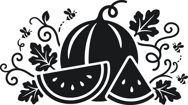 Minimalist black and white watermelon graphic with buzzing bees and swirling vines for summer themed designs