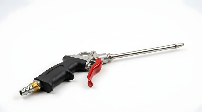Pneumatic air blow gun with extended metal nozzle on white background