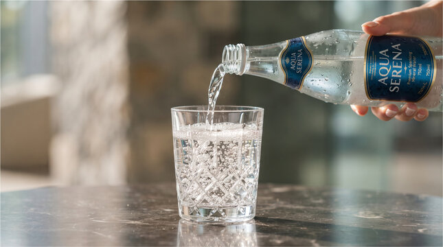 Pouring sparkling water into a glass. Refreshing mineral water served in a crystal tumbler.