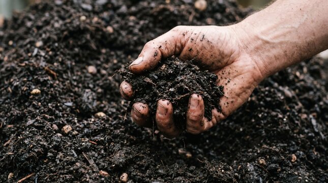 Hand holding rich dark compost soil for gardening and agriculture.