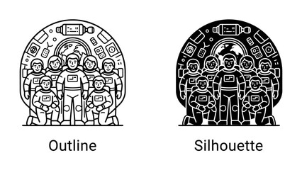 Astronaut Team: Two contrasting artistic representations, an outline and a silhouette, depict a team of astronauts standing together inside a spacecraft, ready for their mission. © Marhi