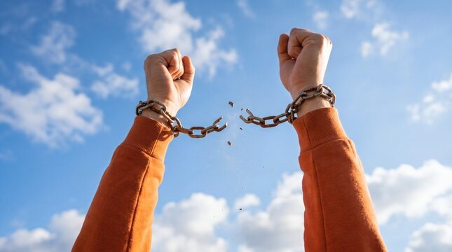 Hands Breaking Chains Against Cloudy Sky Symbolizing Freedom and Liberation.