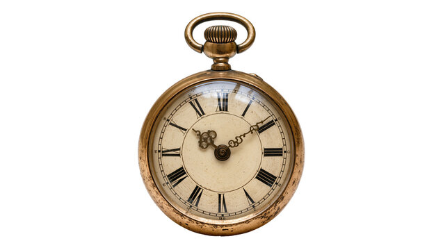 Antique gold pocket watch with Roman numerals, isolated on transparent background