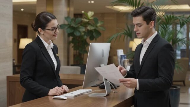 Professional hotel receptionist assisting a guest with paperwork at the reception desk