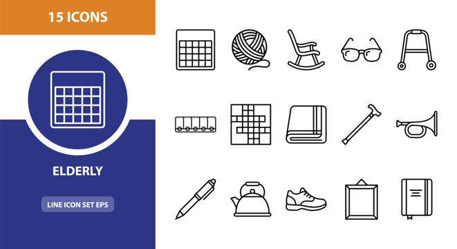 15 Elderly linear icon set calendar yarn ball rocking chair glasses walker crossword puzzle cane trumpet pen kettle shoes clipboard book, UI and web interface design