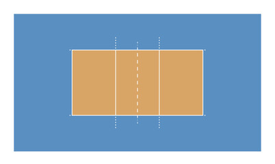 Fototapeta premium Top view of volleyball court , indoor arena with net, white markings on orange and blue floor, overhead perspective showing game area for match, sports field, stadium background. Vector illustration