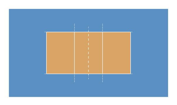 Top view of volleyball court , indoor arena with net, white markings on orange and blue floor, overhead perspective showing game area for match, sports field, stadium background. Vector illustration