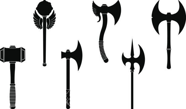 Set of black silhouette medieval fantasy weapons, including battle axe, war hammer, halberd, mace, vector illustration for game design, isolated white background.