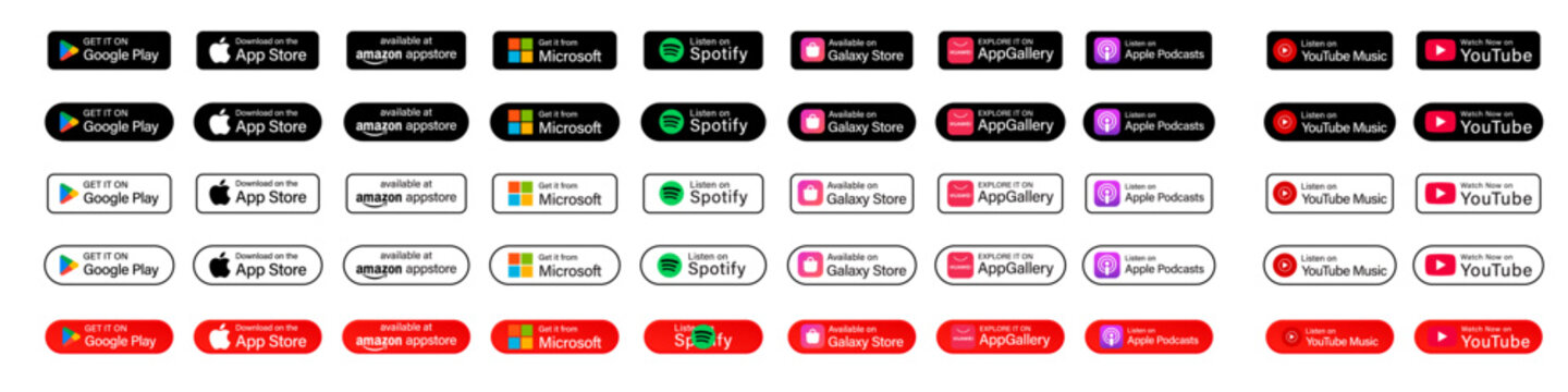 App download button icon set. Play store, app store, Microsoft store, Galaxy store and others apps download, music & video available button set. Vector Illustration. 