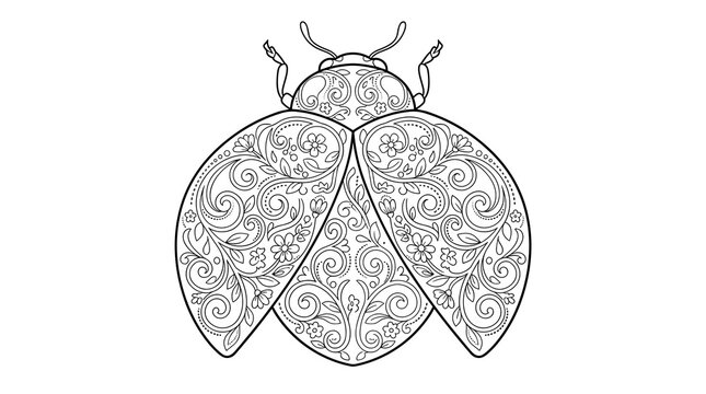 Black and White Intricate Ladybug Vector Illustration with Floral Swirls and Leaves, Coloring Page Design, Delicate Ornamental Insect
