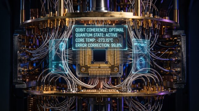 Microscopic view of quantum computer processor core inside cryogenic dilution refrigerator chamber with telemetry HUD