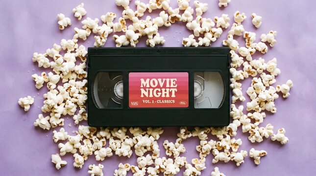 Retro VHS tape labeled Movie Night surrounded by popcorn on a purple background.