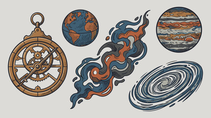 Vintage Astronomical Instruments and Celestial Bodies Vector Illustration, Featuring Astrolabe, Earth, Jupiter, Nebula, and Galaxy on Light Gray Background, Flat Design with Line Art Details © risma