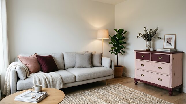 A Cozy and Atmospheric Living Room Interior Featuring a Grey Couch and a Pastel Pink and Burgundy Commode cozy and atmospheric living room grey couch pastel pink commode burgundy commode interior