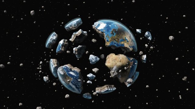 Detailed 3D model of planet Earth exploding into floating rocky debris and continent pieces, set against a dark outer space background with stars. Ideal for apocalypse visual effects, sci-fi movie tra