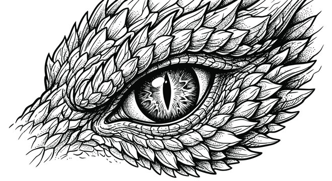Black and white tattoo style illustration of a mythical dragon eye featuring a vertical slit pupil, detailed iris, and intricate scaly brow ridge textures on a white background for design.