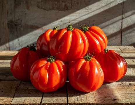 Large deeply ribbed red bull's heart tomatoes arranged on a rustic wooden table with high saturation and sharp shadows.