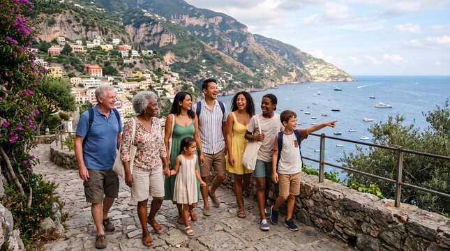 Multi generational family enjoying scenic coastal town view on vacation