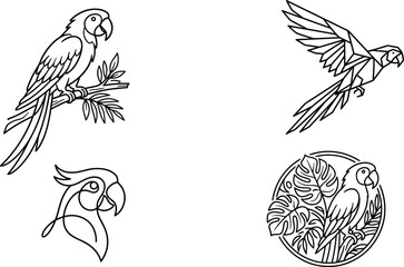 Parrot and Macaw Tropical Bird Line Icon Set Featuring Flying Geometric Silhouette Cockatoo Head and Round Monstera Jungle Leaf Elements for Modern Logo and Tattoo Graphic Designs © MD
