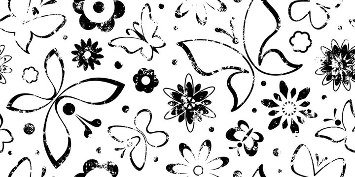 Seamless floral pattern of stylized butterflies and flowers, summer background, isolated on white background, vector print