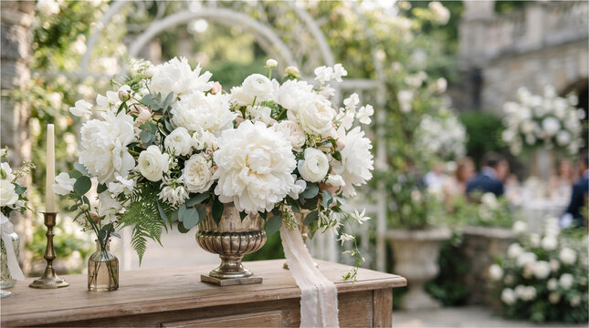 Elegant white wedding flower centerpiece. Floral arrangement for luxury outdoor reception.