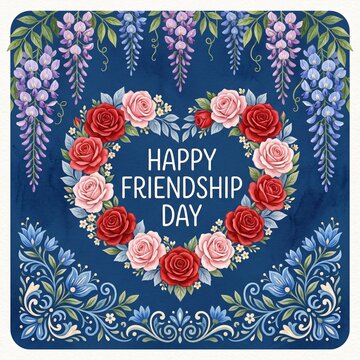 Happy friendship day greeting card with a heartshaped wreath of red and pink roses, wisteria flowers, and elegant floral ornaments on a blue background