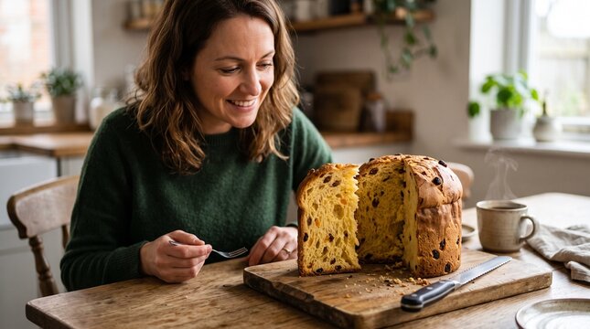 Woman smiling at a freshly baked panettone with a cup of coffee on a wooden table