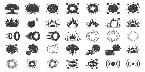 Set of black explosion icons and cartoon comic book blast effects with fire and smoke shapes for design work © GraphixEra