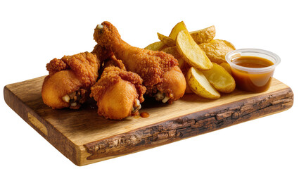 Crispy golden fried chicken drumsticks with potato wedges and dipping sauce, isolated on transparent background © Maria