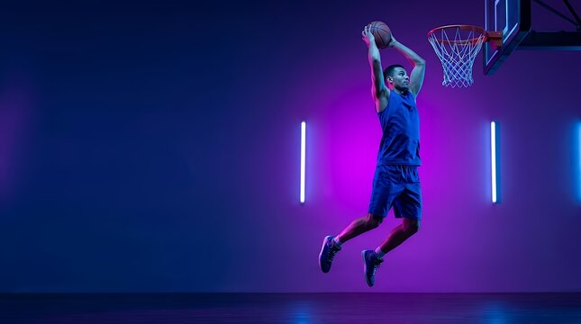 A basketball player in a blue jersey preparing to make a perfect slam dunk leaping in mid-air in neon light against a gradient studio background a dynamic concept of sport tournament hobby and
