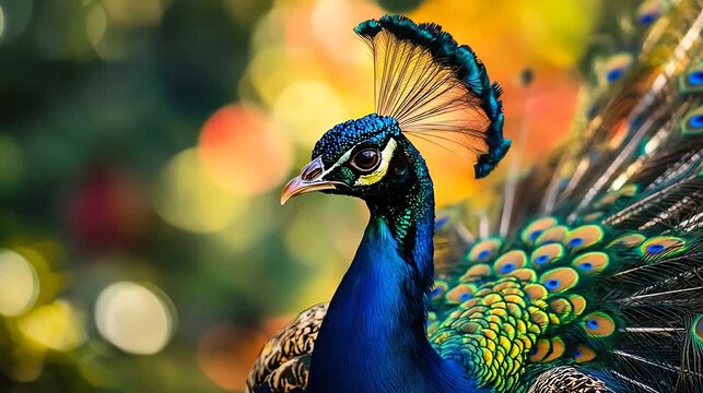 Close up of a majestic peacock displaying vibrant feathers in natural light