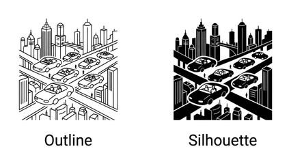 Urban Crossroads: A striking illustration depicts a bustling city intersection with cars navigating through skyscrapers, presented in both outline and silhouette styles. © Goro