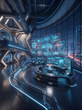 Futuristic high-tech command center. Cyber security control room with digital displays.