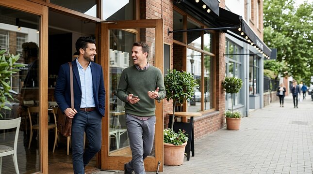 A front view portrait of two handsome gentlemen entering a cafe and chatting cheerfully with copy space representing friendship business and social life. two business people entering restaurant front
