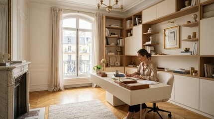 Obraz premium Woman working at a modern desk in a bright, elegant home office with built-in shelving