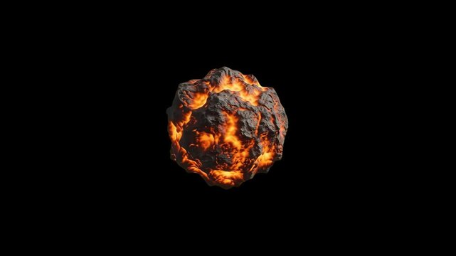 High-contrast 3D render of a molten glowing lava asteroid sphere surrounded by dark cracked rock, isolated against a pitch-black background. Ideal for cinematic space promos, fantasy game UI design, s