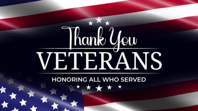 Thank you Veterans animation text with a waving American flag in the background. Happy Veterans Day Honoring all who served animated text for veterans day greetings, opening video, etc.