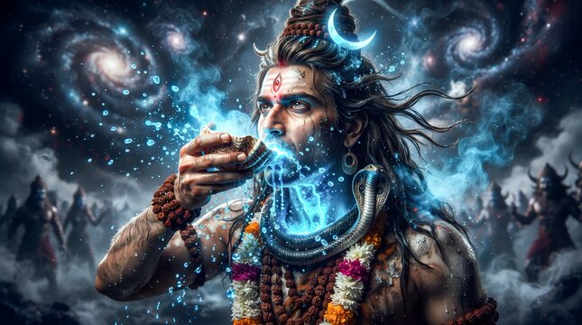 Lord Shiva drinking glowing cosmic poison halahala from shell
