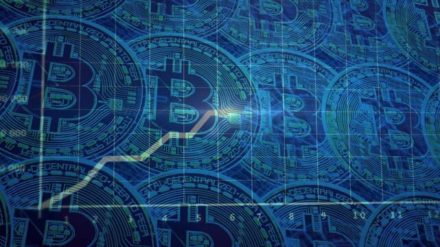 Blue Bitcoin pattern background with a white upward trend line graph. Concept of a bullish crypto market and financial success.