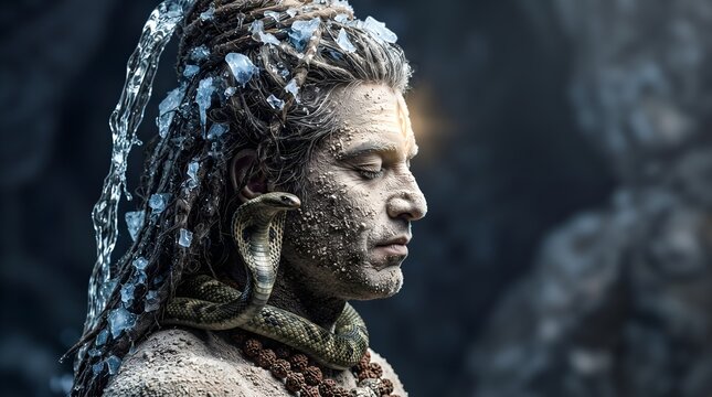 Side profile portrait of Lord Shiva meditating with Ganga river flowingSide profile portrait of Lord Shiva meditating with Ganga river flowing