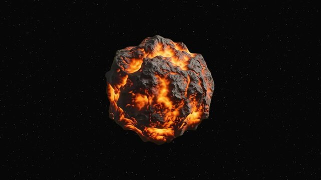 A detailed 3D render of a glowing molten lava meteorite with cracked volcanic rock texture and magma core isolated against a dark black backdrop. Perfect for sci-fi VFX, space documentaries, astronomy