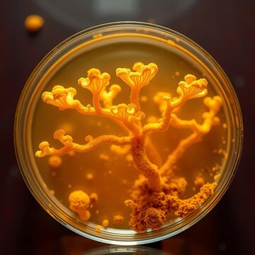 Golden fungal hyphae branching out in a petri dish, Candida auris, petri dish
