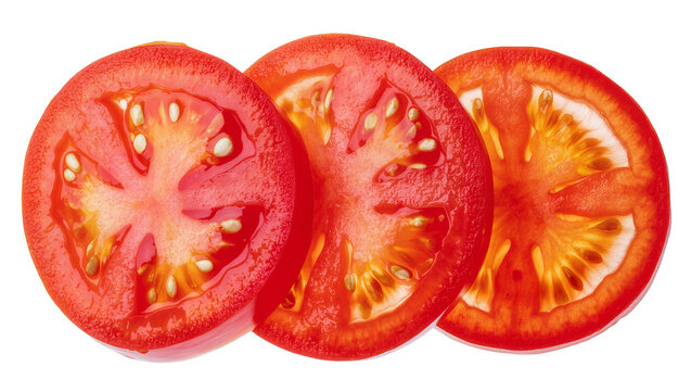 Three vibrant red tomato slices with visible seeds, isolated on transparent background