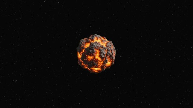 A burning spherical molten lava planet asteroid with glowing orange magma cracks isolated against a dark space background. Suitable for sci-fi space animations, visual effects sequences, video game ba