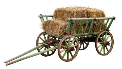 Rustic wooden hay cart loaded with straw bales, isolated on transparent background © Veaceslav