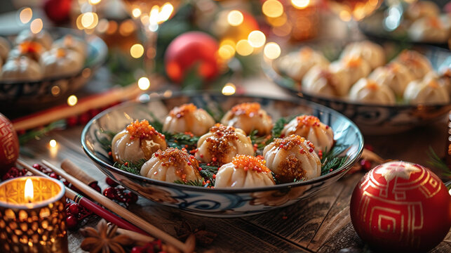 Festive Christmas dumplings in a decorative bowl, surrounded by holiday decorations.