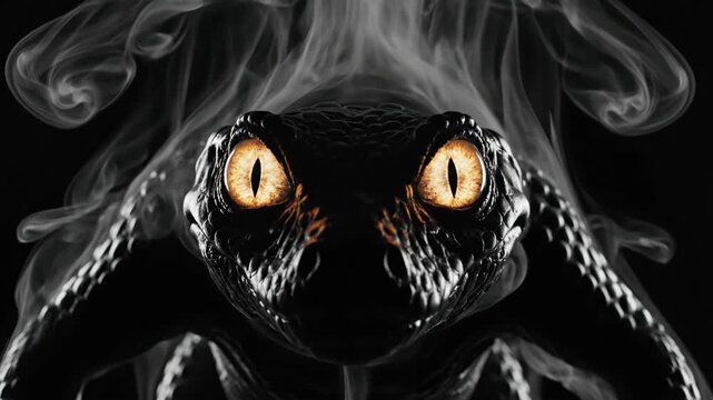 Scaly Reptilian Creature with Glowing Yellow Eyes Emerging From Smoke