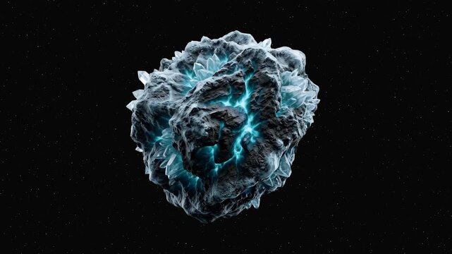 A sci-fi 3D render of an abstract energy orb emitting glowing blue light against a black background. Ideal for technology videos, scientific visual effects, and futuristic UI graphics.
