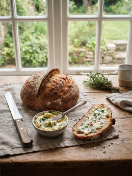 Fresh sourdough bread with herb butter. Rustic loaf on a wooden table by a window.